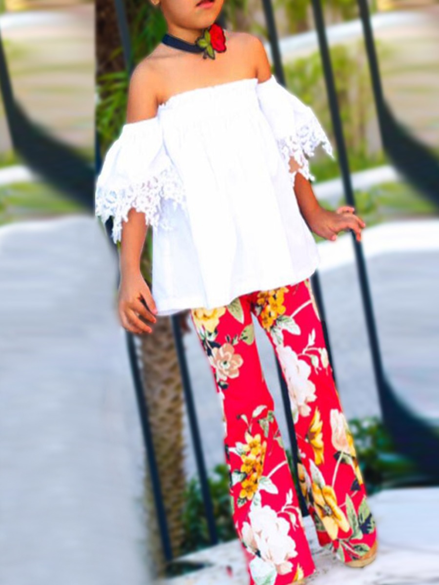 

lovely Trendy Dew Shoulder Print White Girl Two-piece Pants Set