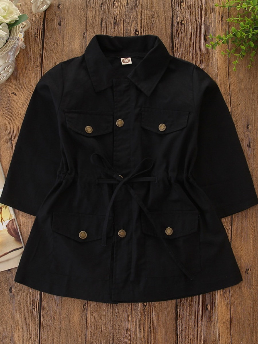 

lovely Trendy Turndown Collar Buttons Design Black Girl Trench Coat