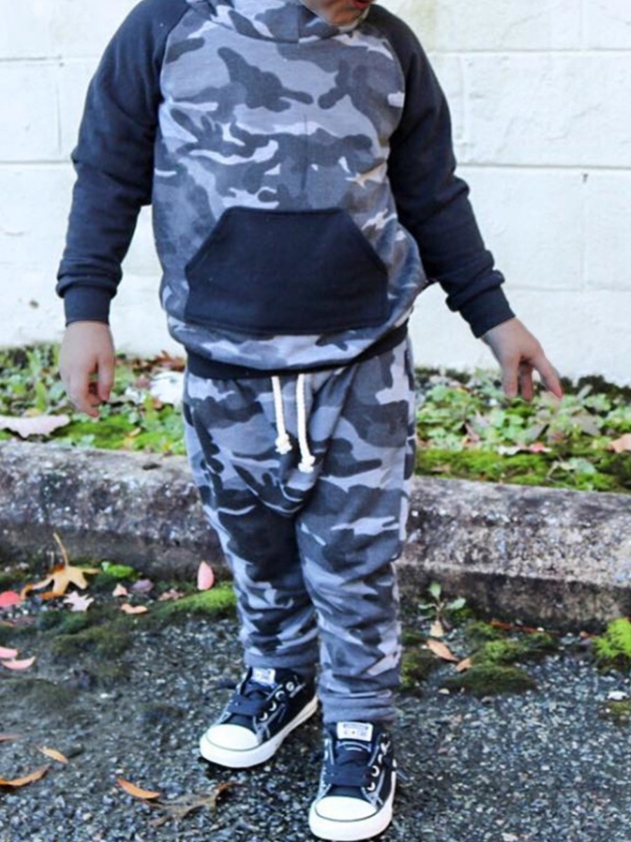 

lovely Street Hooded Collar Camo Print Patchwork Black Boy Two-piece Pants Set