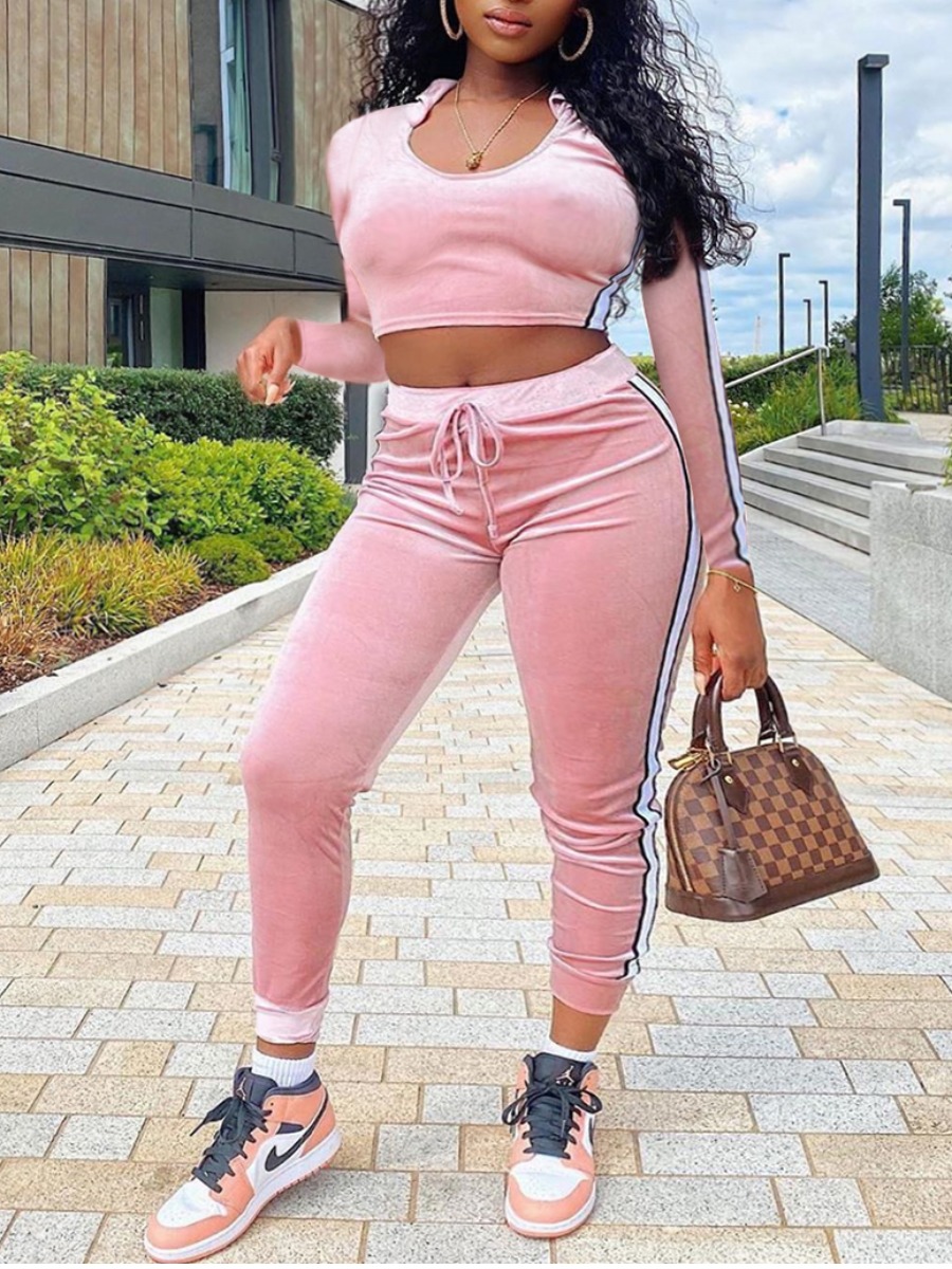 

lovely Sportswear Hooded Collar Patchwork Pink Two Piece Pants Set