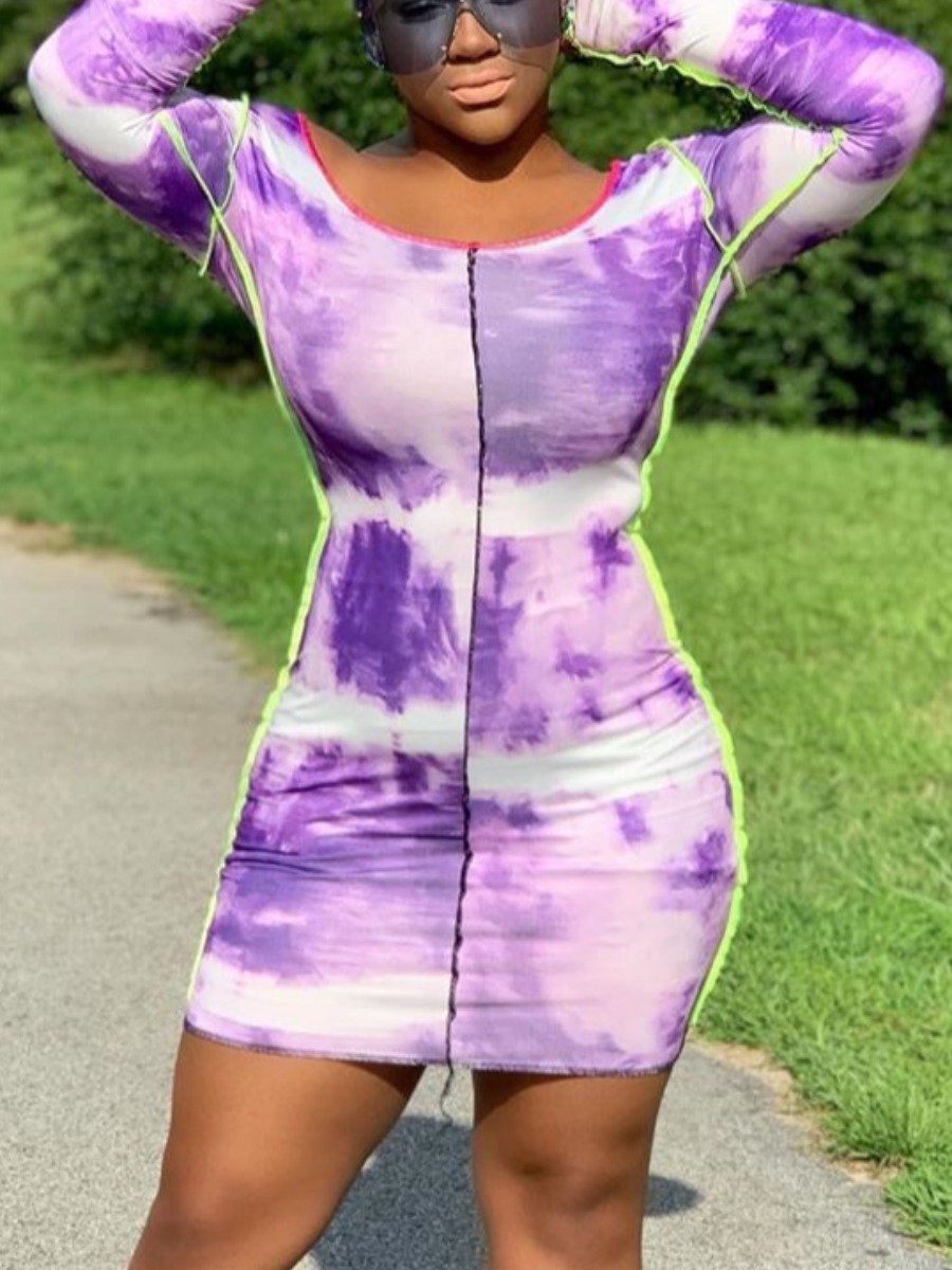 lovely Stylish O Neck Tie-dye Purple Mini Dress