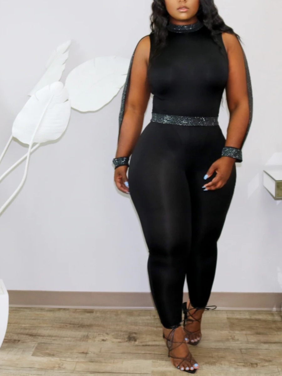 

lovely Trendy Patchwork See-through Black One-piece Jumpsuit