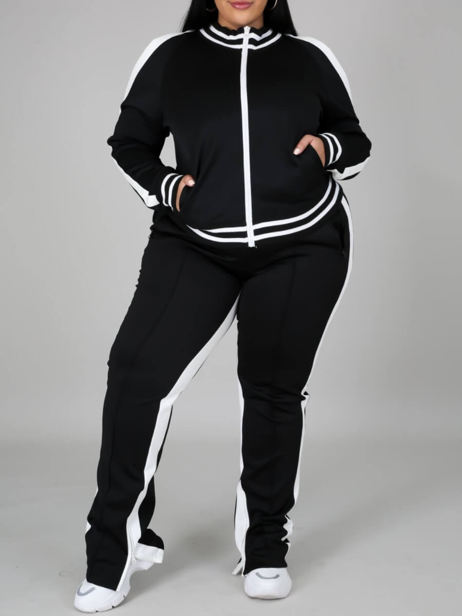 

Lovely Sportswear Zipper Design Patchwork Black Plus Size Two-piece Pants Set