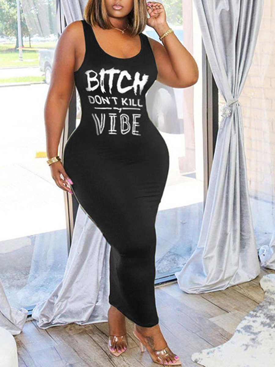 

Lovely Casual U Neck Letter Print Black Ankle Length Plus Size Dress