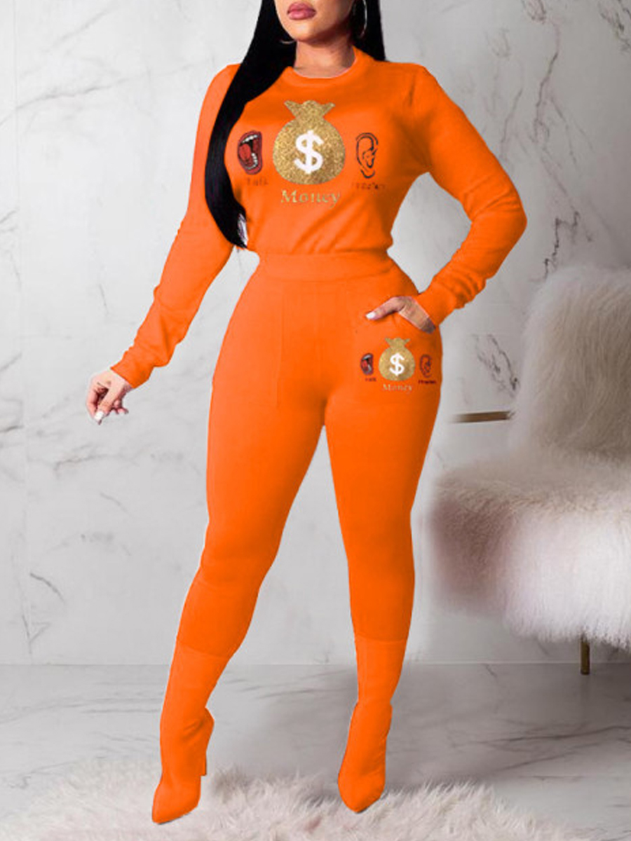 

Lovely Casual O Neck Print Croci Plus Size Two-piece Pants Set