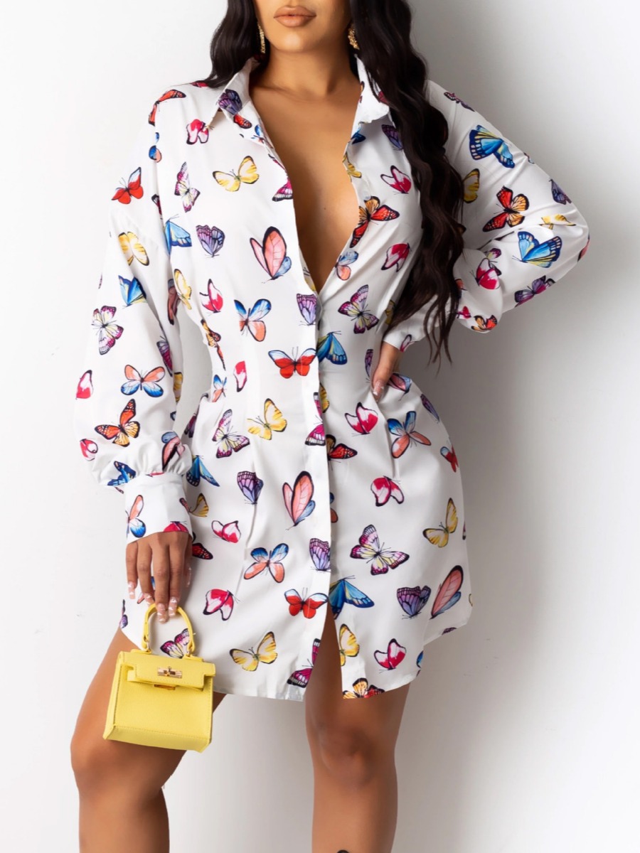 

lovely Stylish Turndown Collar Butterfly Print White Mini Dress