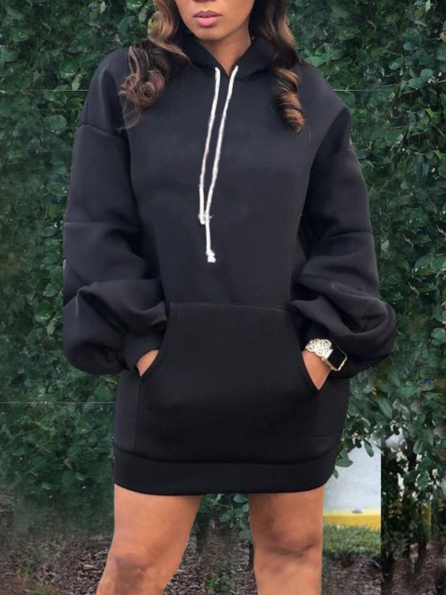 

Lovely Casual Hooded Collar Pocket Patched Black Mini Dress