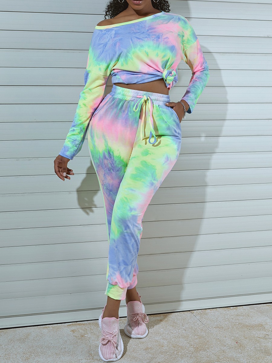

lovely Casual O Neck Tie Dye Baby Blue Two Piece Pants Set