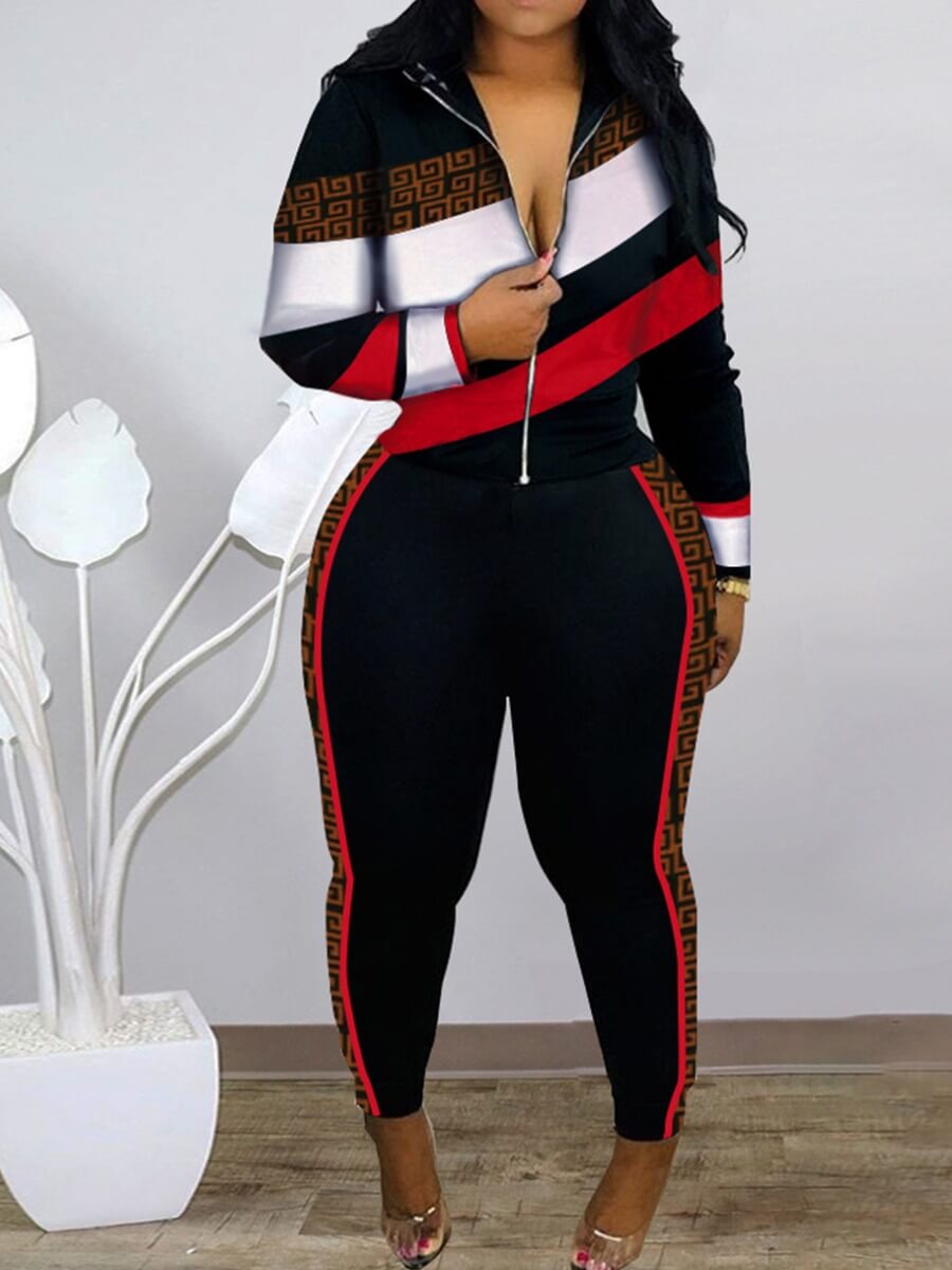 

Lovely Sportswear Turndown Collar Print Patchwork Black Two Piece Pants Set