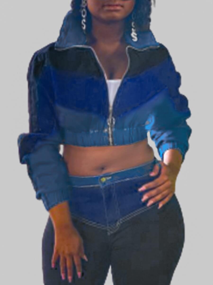 

Lovely Casual Patchwork Zipper Design Blue Denim Jacket