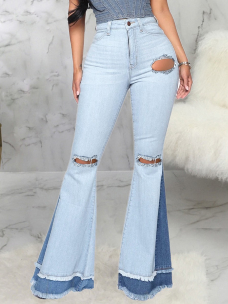 

lovely Street Broken Holes Patchwork Baby Blue Jeans