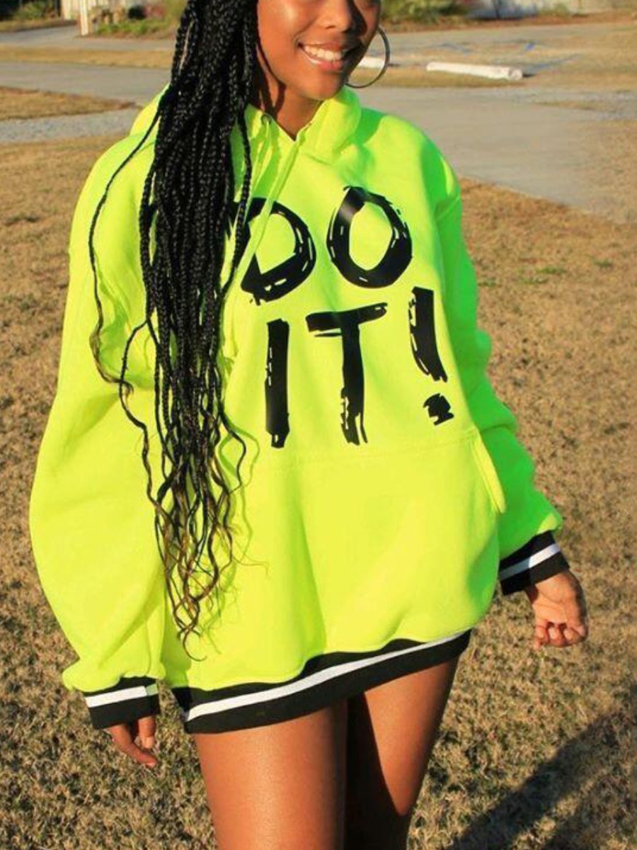 

lovely Street Hooded Collar Letter Print Green Mini Plus Size Dress