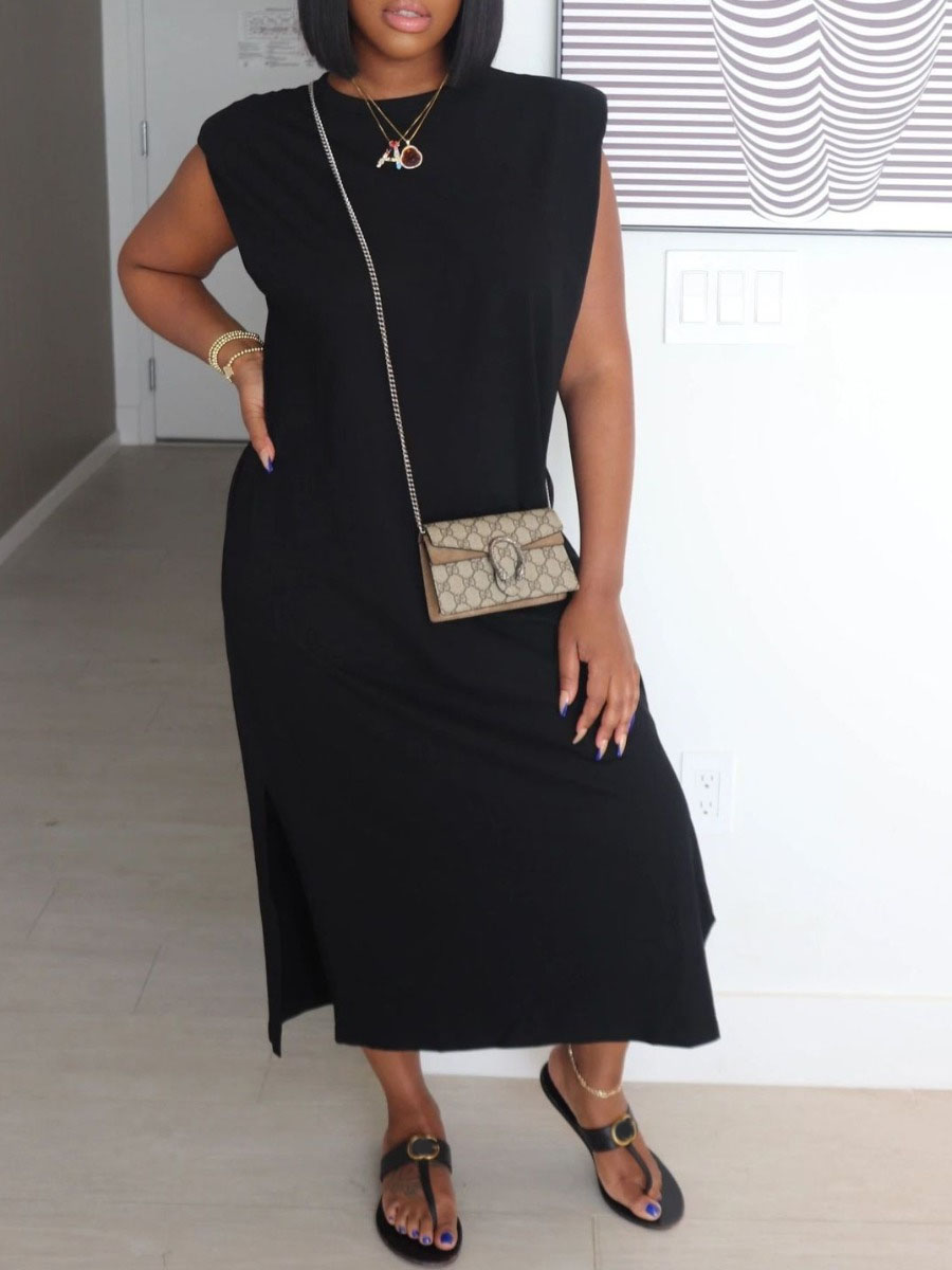 

lovely Casual O Neck Basic Loose Black Mid Calf Dress