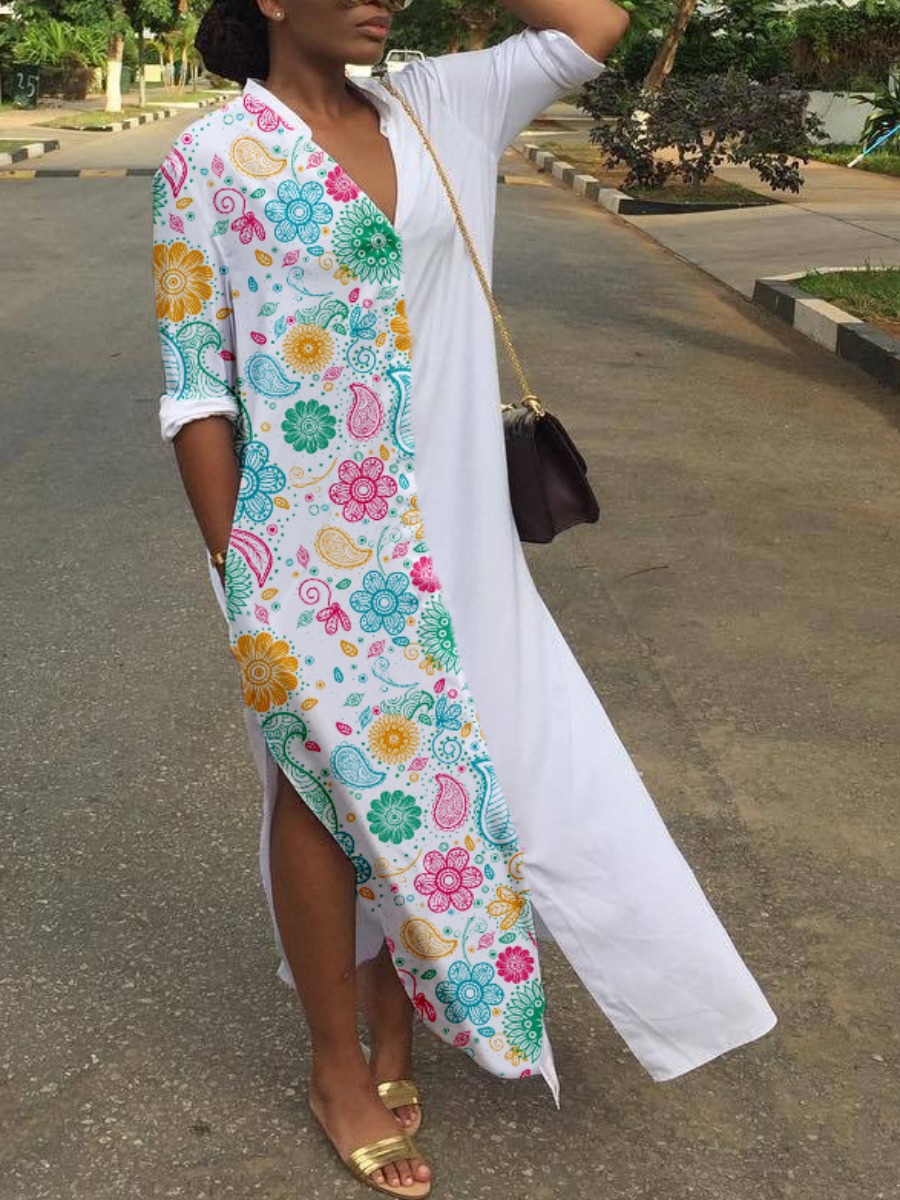 

lovely Stylish Print Patchwork White Ankle Length Dress