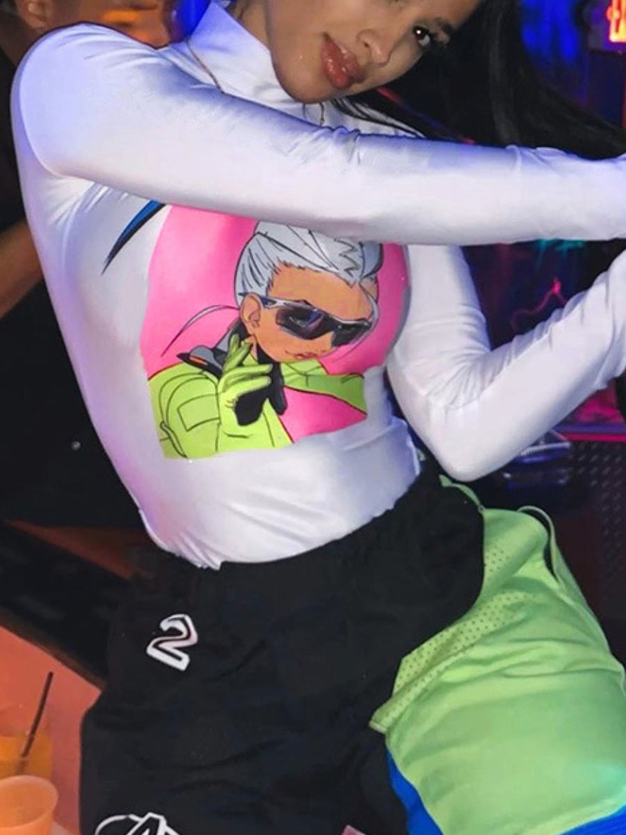 

lovely Sexy Turtleneck Print White Bodysuit