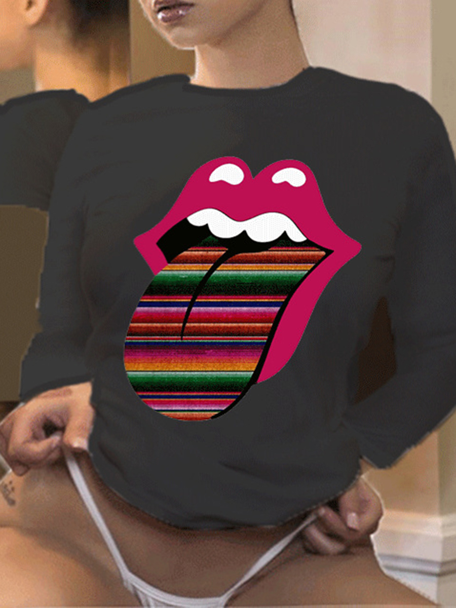 

Lovely Leisure O Neck Lip Print Black Plus Size T-shirt