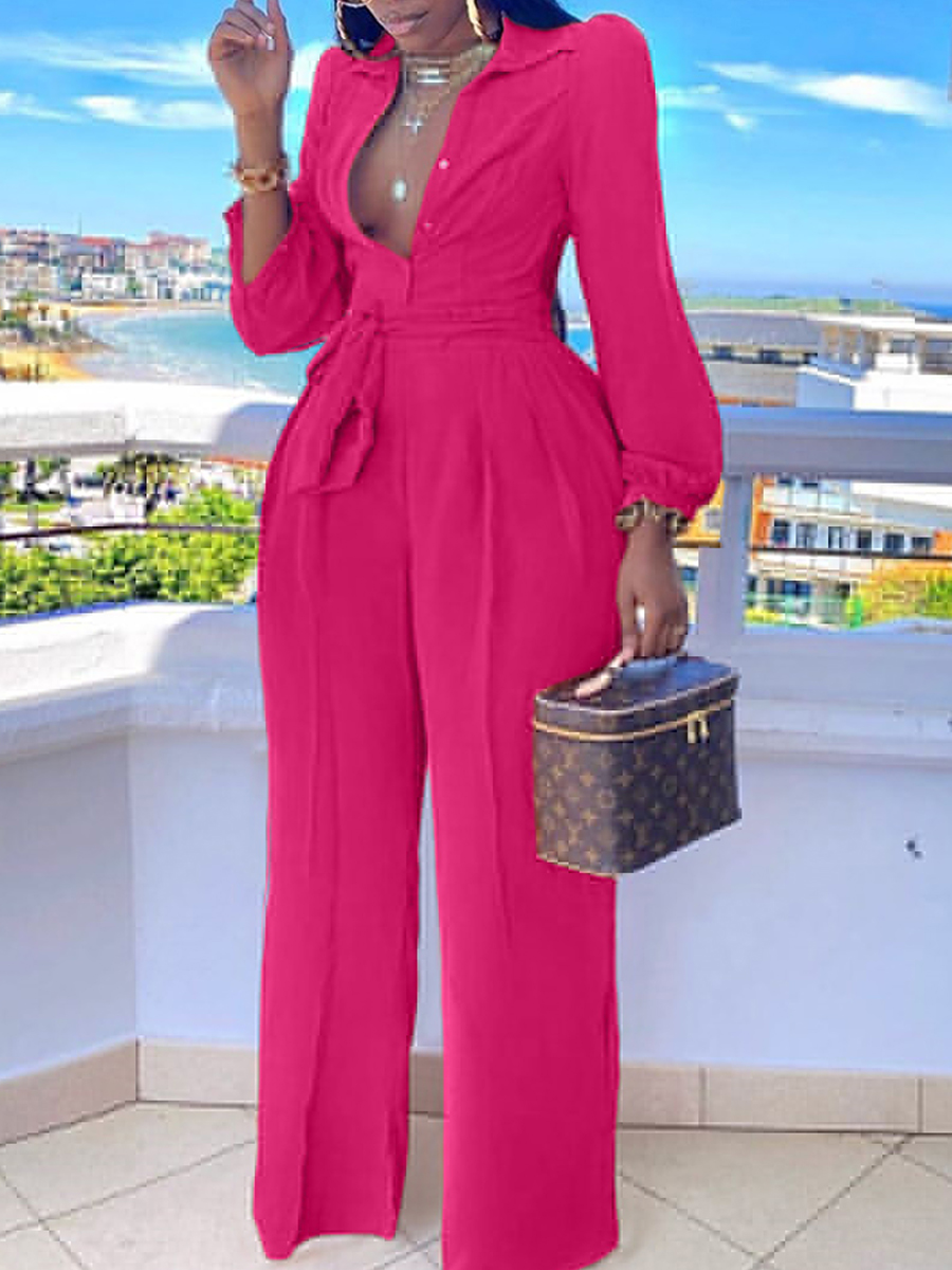 

Lovely Stylish Turndown Collar Buttons Design Rose Plus Size One-piece Jumpsuit