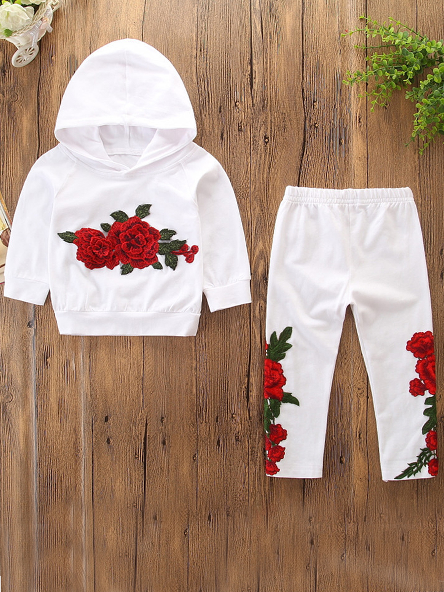 

lovely Sportswear Hooded Collar Rose Print White Girl Two-piece Pants Set