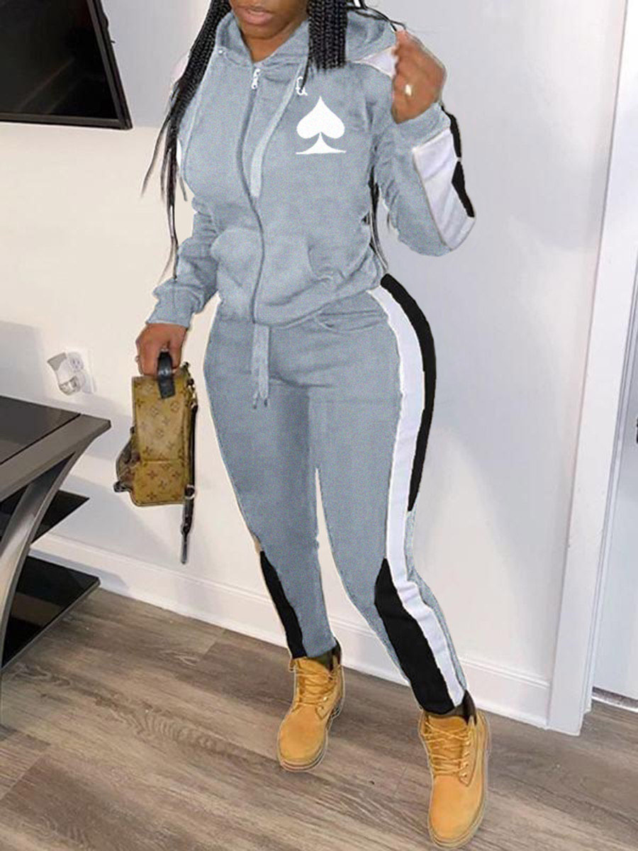

LW Zipper Design Drawstring Tracksuit Set, Grey
