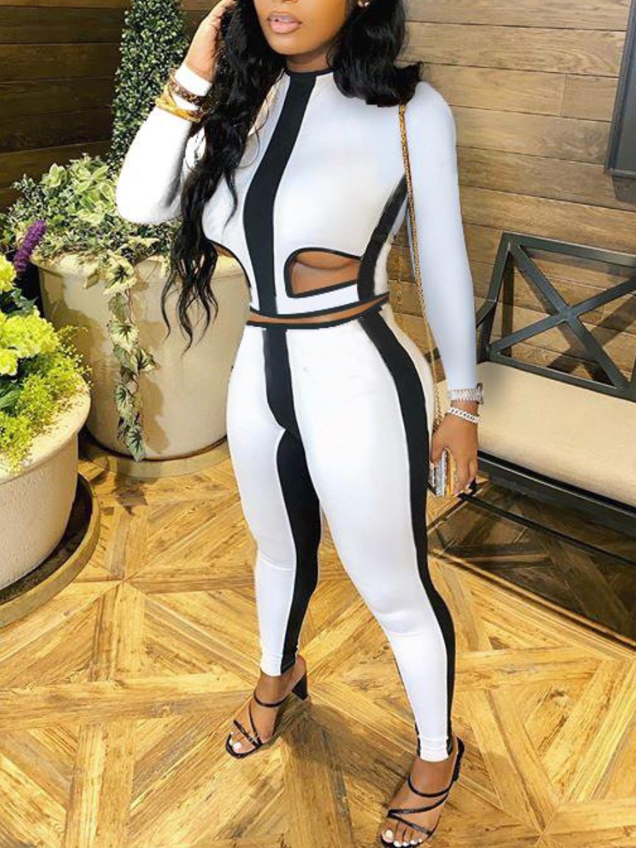 

lovely Sportswear Patchwork Hollow-out White Two Piece Pants Set