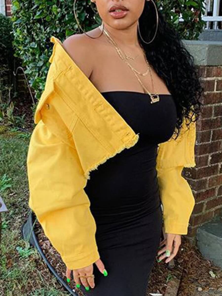 

Lovely Trendy Turndown Collar Buttons Design Yellow Denim Jacket