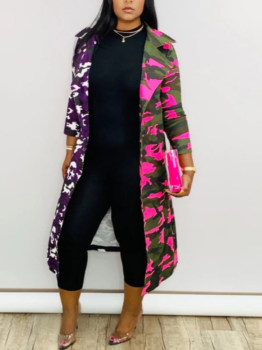 

lovely Trendy Turndown Collar Camo Print Patchwork Purple Trench Coat