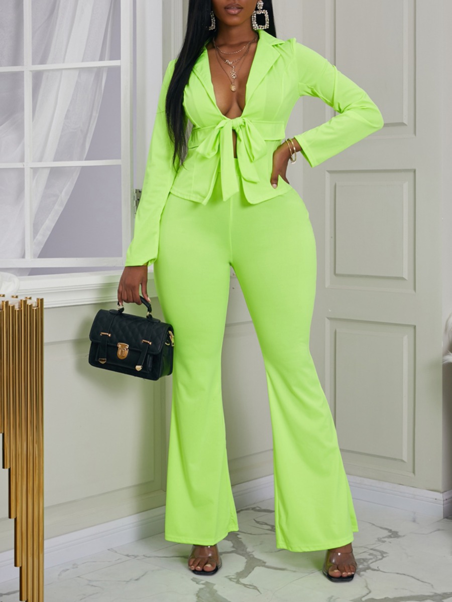 

lovely Stylish Turndown Collar Lace-up Green Two Piece Pants Set