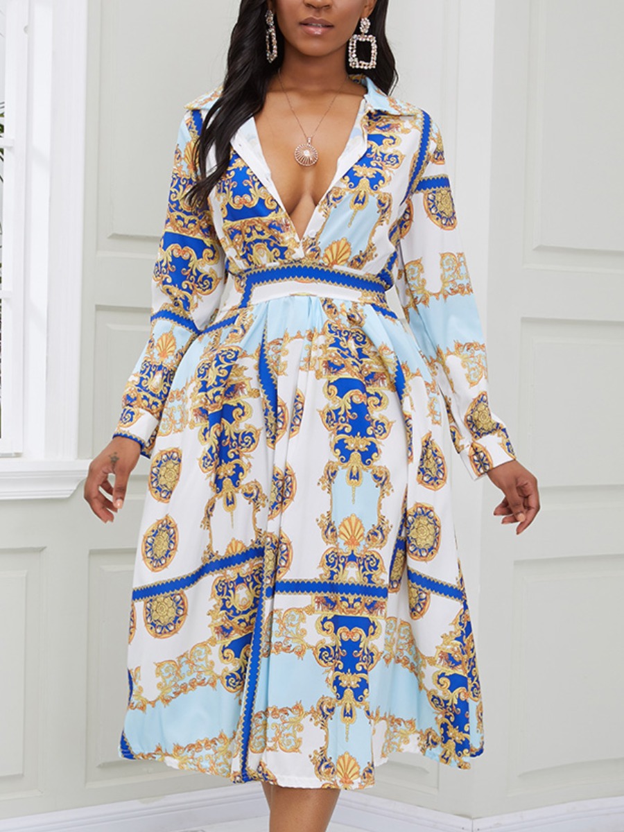 

lovely Trendy Turndown Collar Versace Print Blue Mid Calf Dress