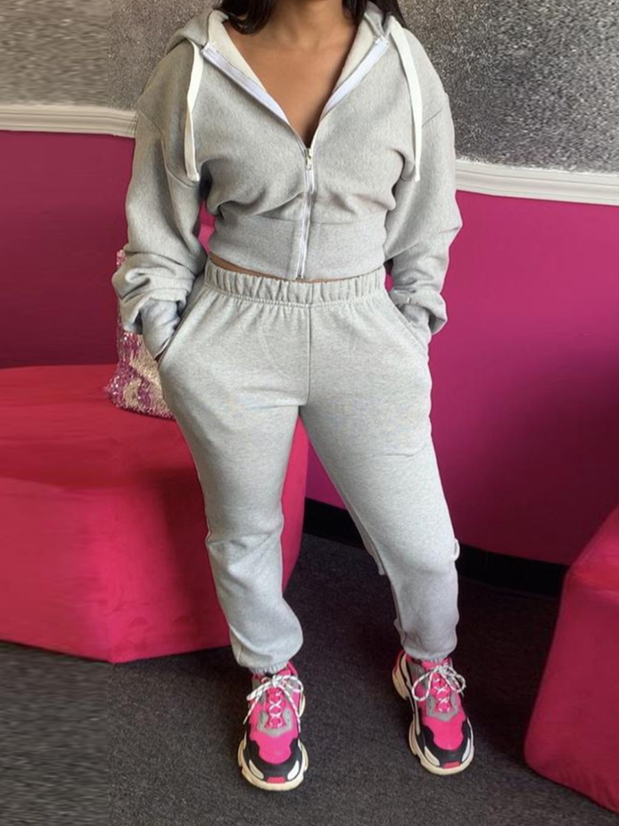 

LW Hooded Collar Zipper Design Tracksuit Pants Set, Grey