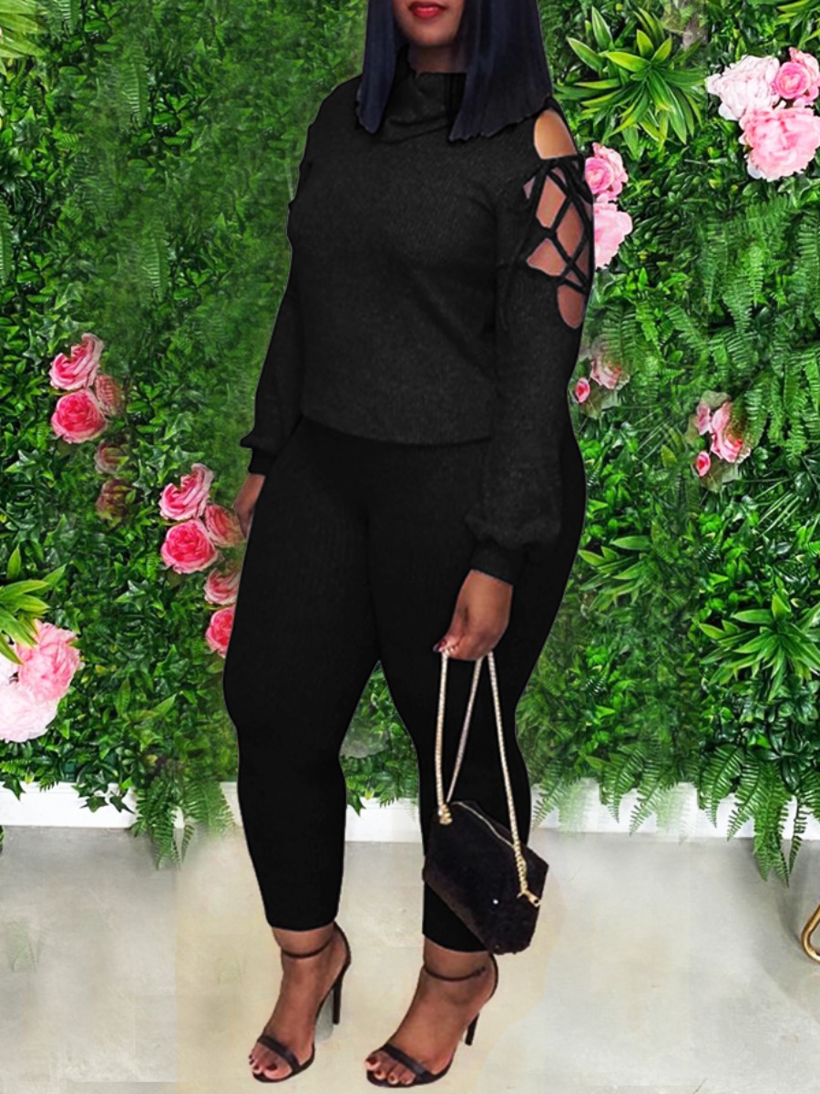 

lovely Sexy Turtleneck Hollow-out Black Two Piece Pants Set