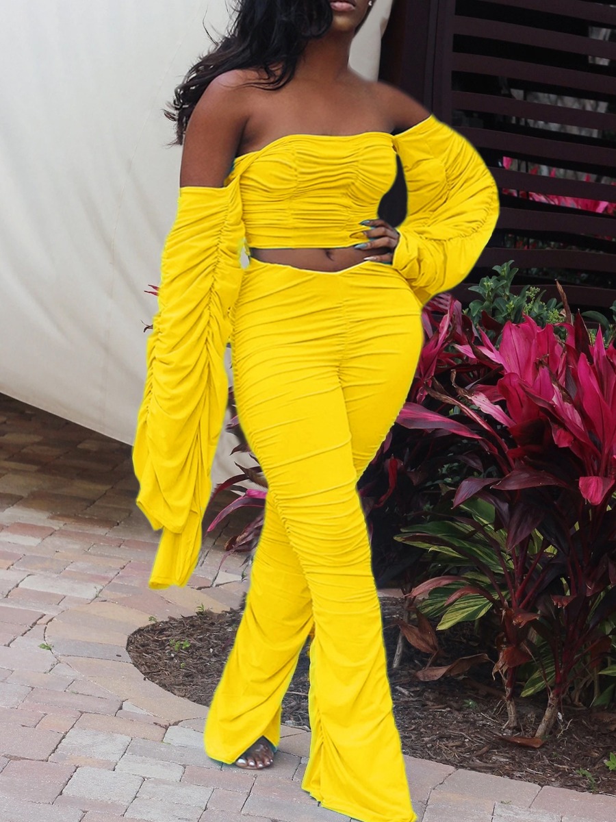 

lovely Leisure Dew Shoulder Fold Design Yellow Two Piece Pants Set