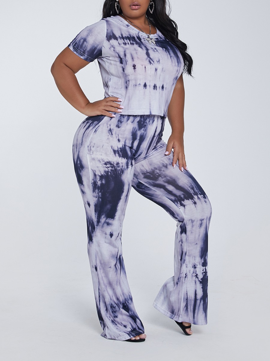 

lovely Casual O Neck Tie-dye Black Plus Size Two-piece Pants Set