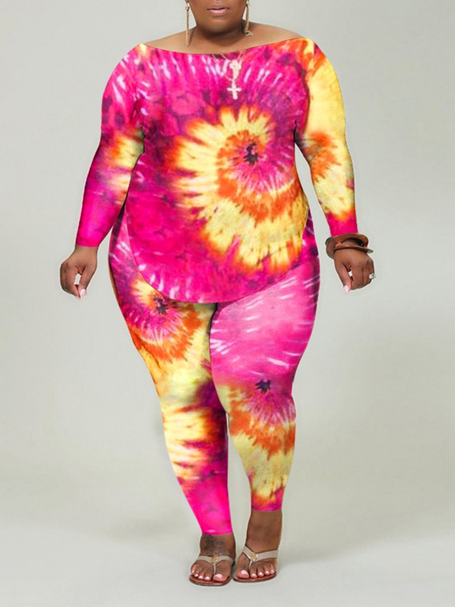 

lovely Casual O Neck Tie-dye Rose Red Plus Size Two-piece Pants Set