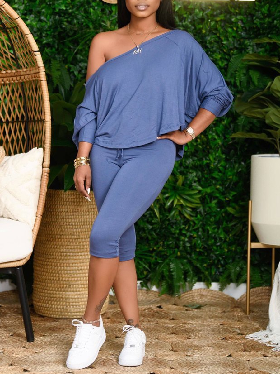 

Lovely Casual Basic Loose Blue Plus Size Two-piece Shorts Set