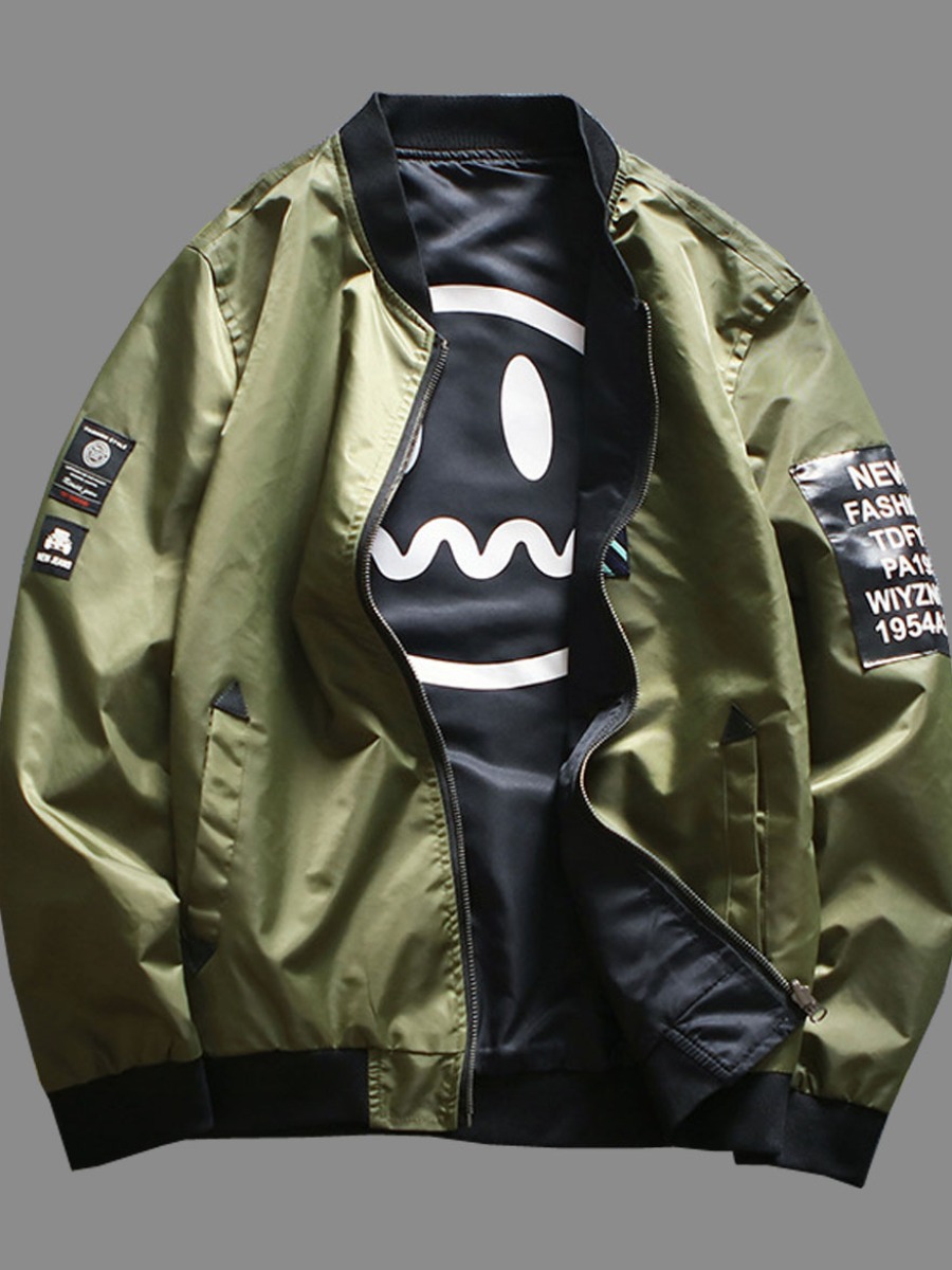 

lovely Street Letter Print Zipper Design Army Green Men Jacket