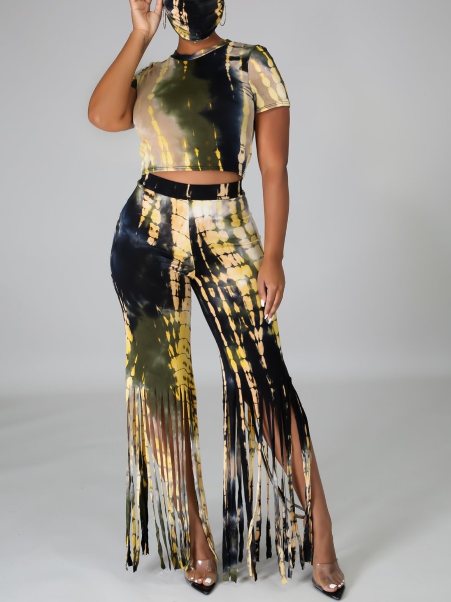 

lovely Trendy O Neck Tie Dye Tassel Design Yellow Two Piece Pants Set