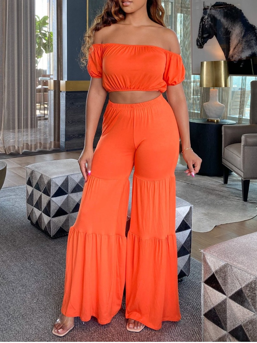 

lovely Trendy Dew Shoulder Fold Design Jacinth Two Piece Pants Set