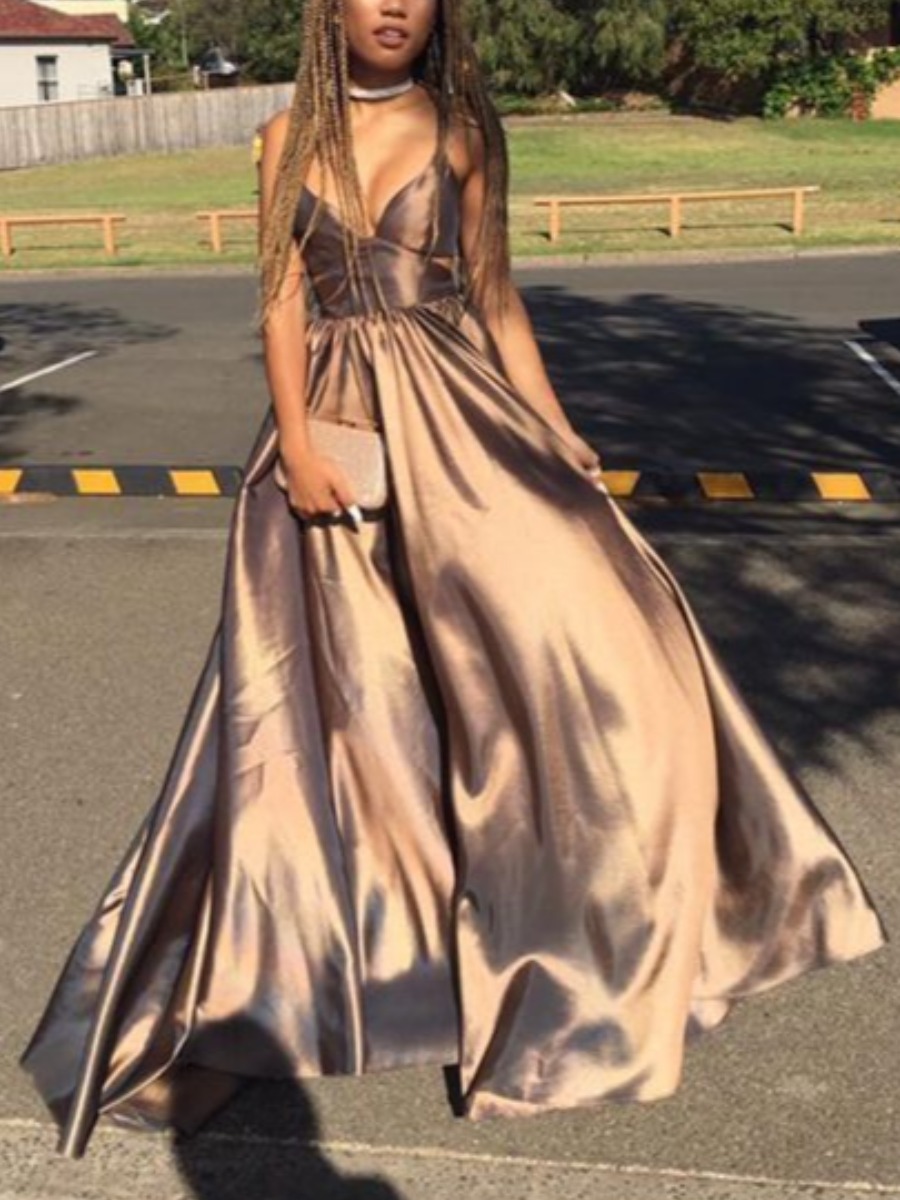 

lovely Temperament Spaghetti Strap Fold Design Coffee Maxi Dress