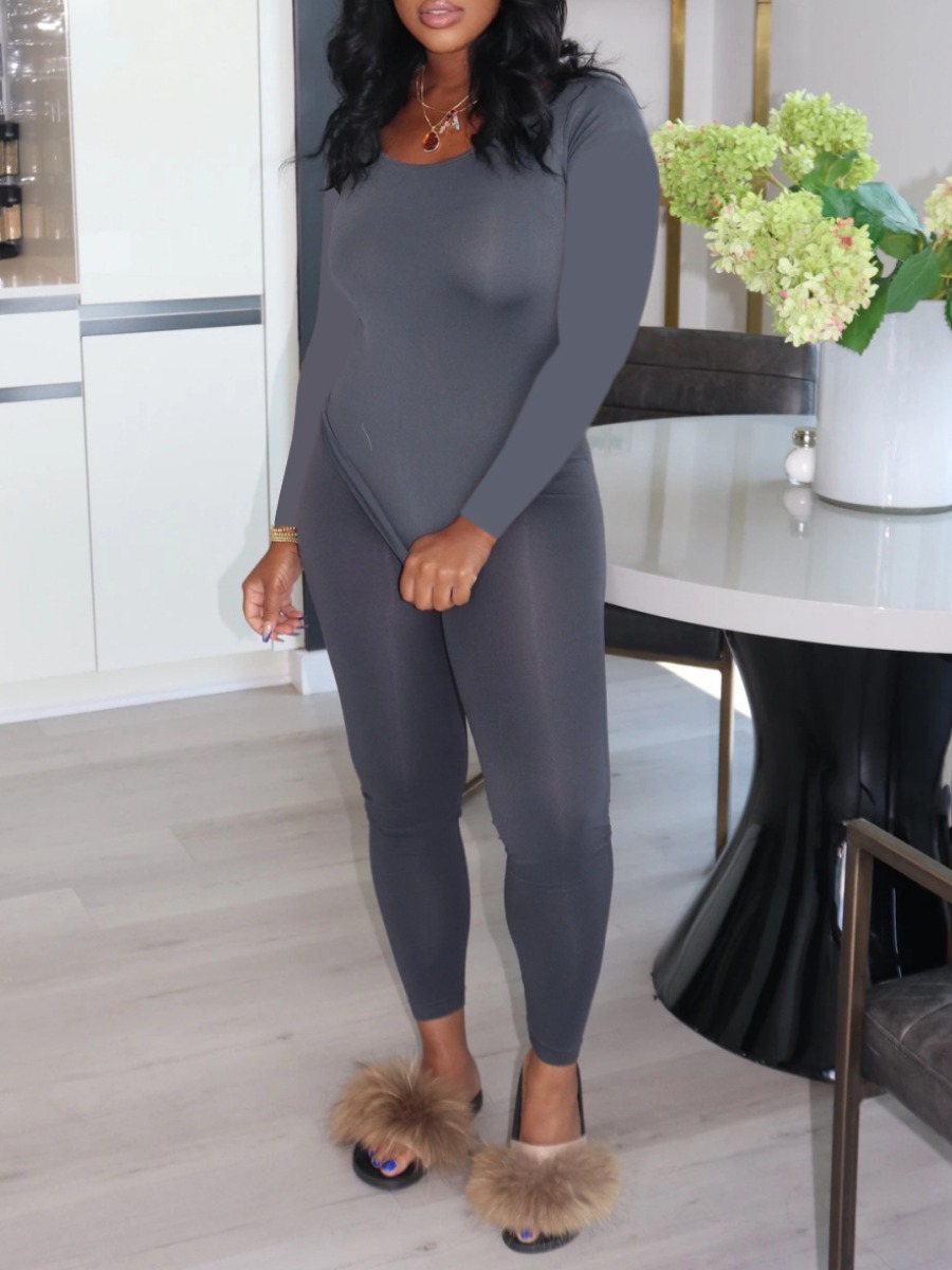 

lovely Casual O Neck Basic Skinny Grey Two Piece Pants Set