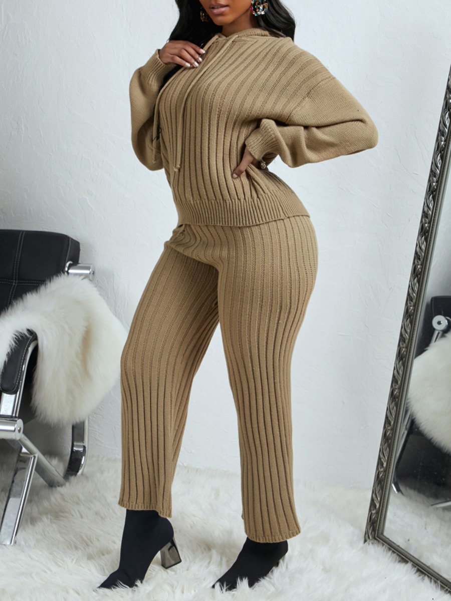 

lovely Casual Hooded Collar Striped Brown Two Piece Pants Set