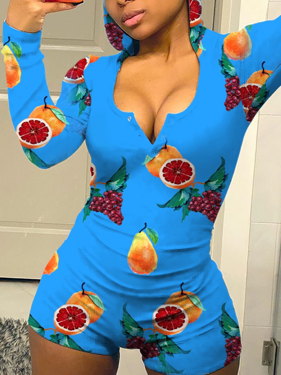 

LW V Neck Fruit Print Romper, Blue