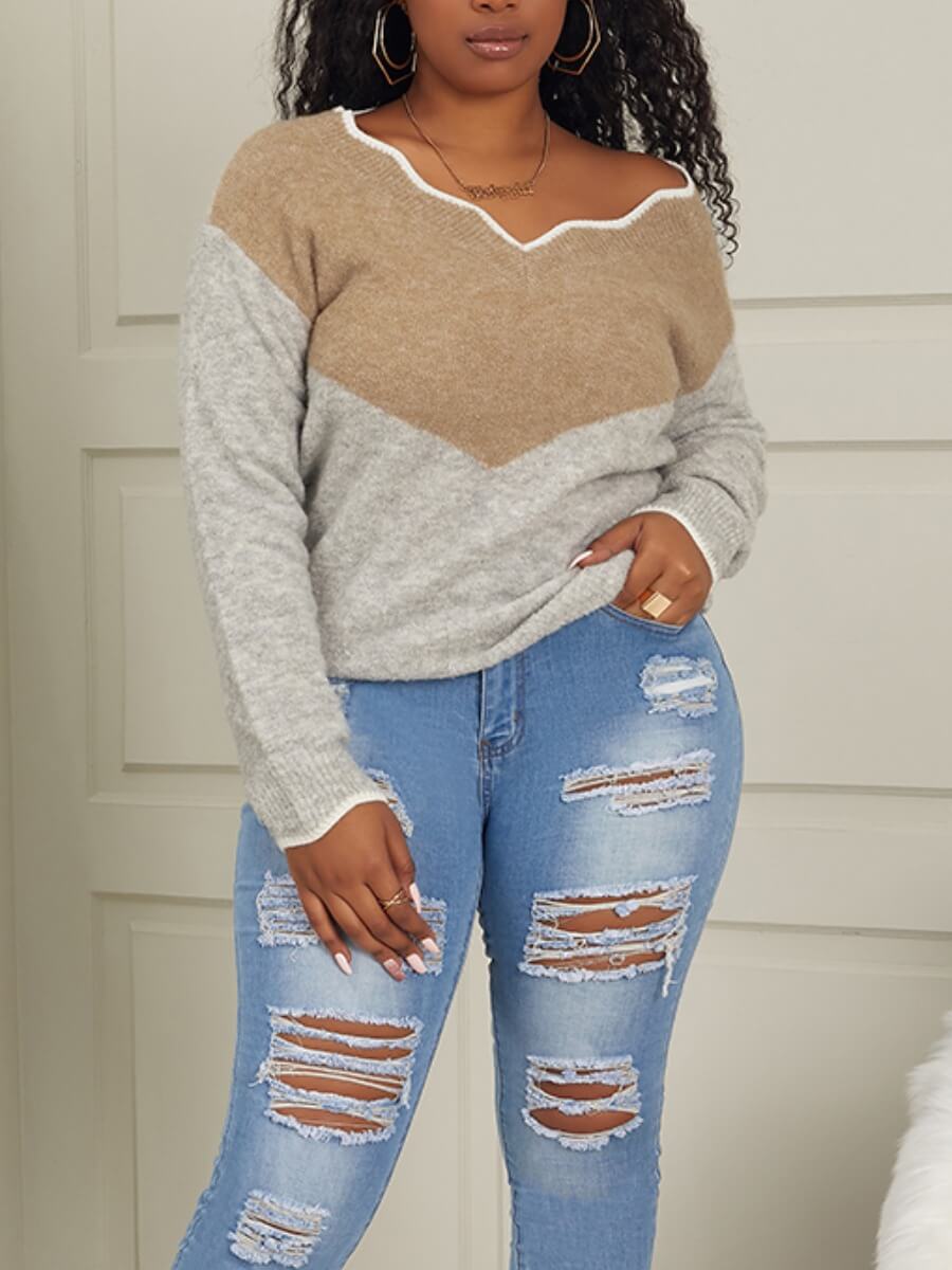 

lovely V Neck Patchwork Grey Sweater