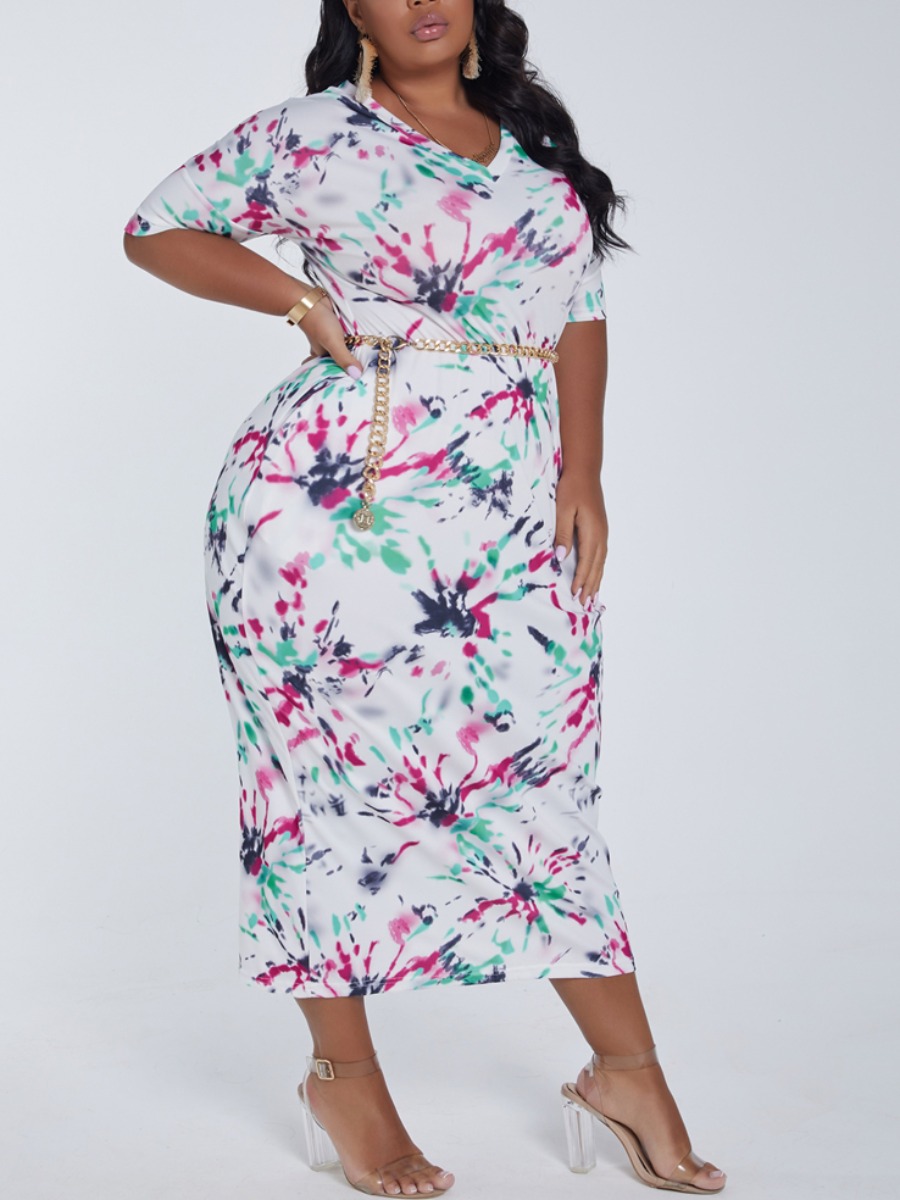 

lovely Casual V Neck Tie-dye Rose Red Mid Calf Plus Size Dress