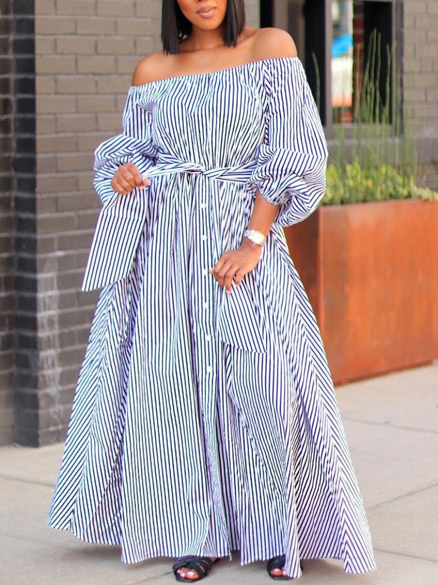 

lovely Casual Dew Shoulder Striped White Maxi Dress