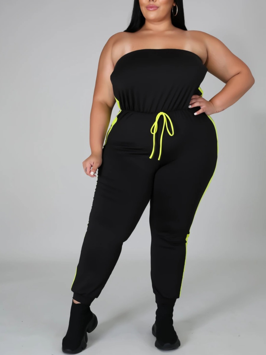 

lovely Leisure Dew Shoulder Patchwork Black Plus Size One-piece Jumpsuit