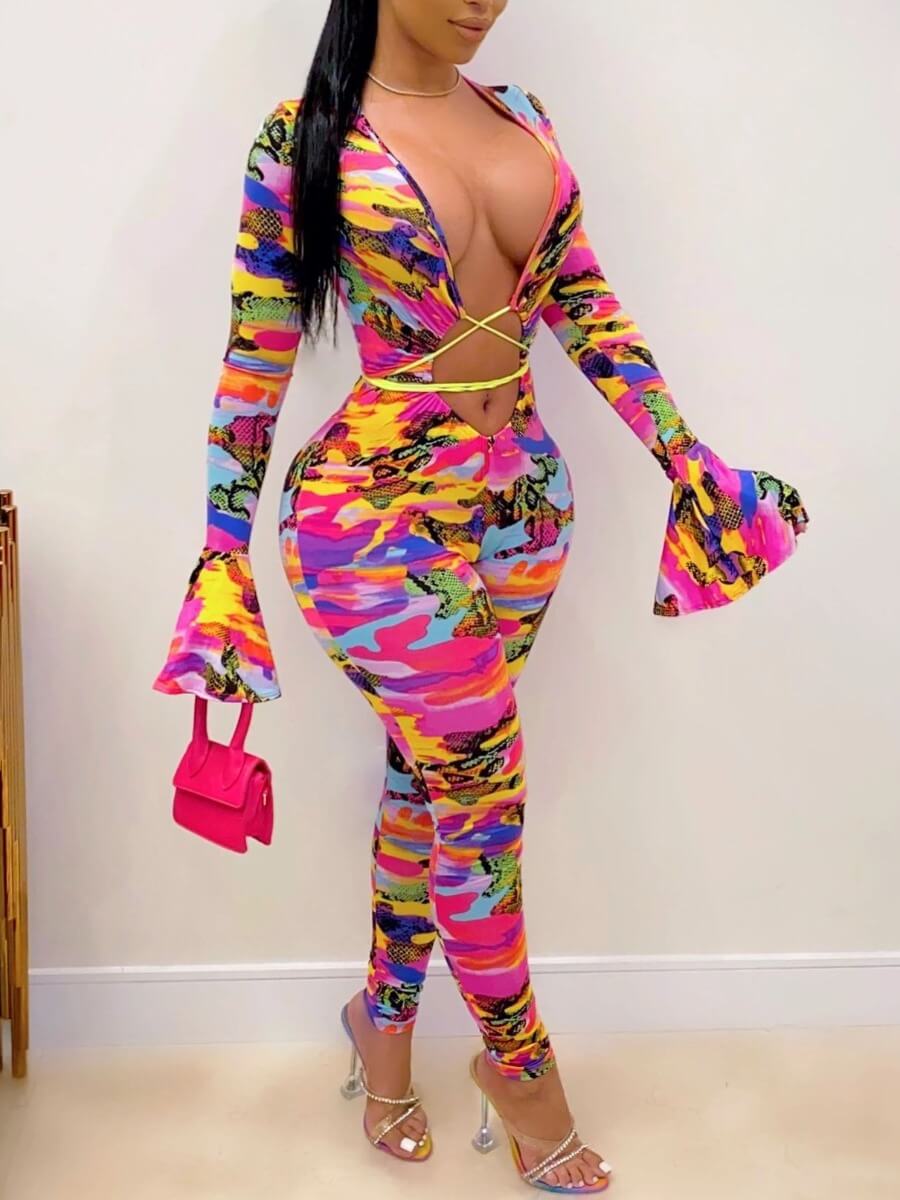 

LW Sexy Cross-over Design Print Multioclor One-piece Jumpsuit, Multi