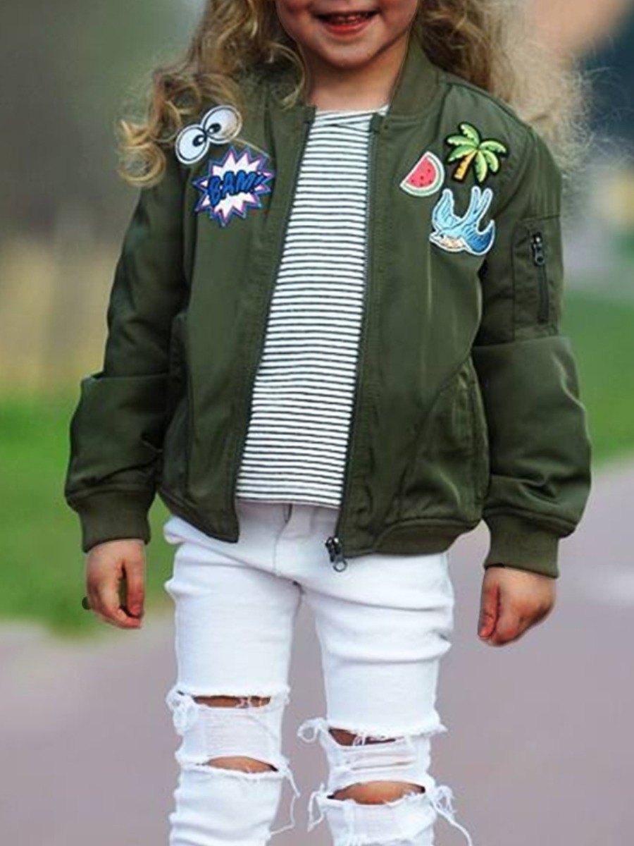 

lovely Casual Zipper Design Print Green Girl Coat