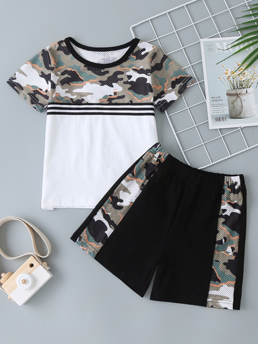 

lovely Casual O Neck Camo Print Patchwork White Boy Two-piece Shorts Set