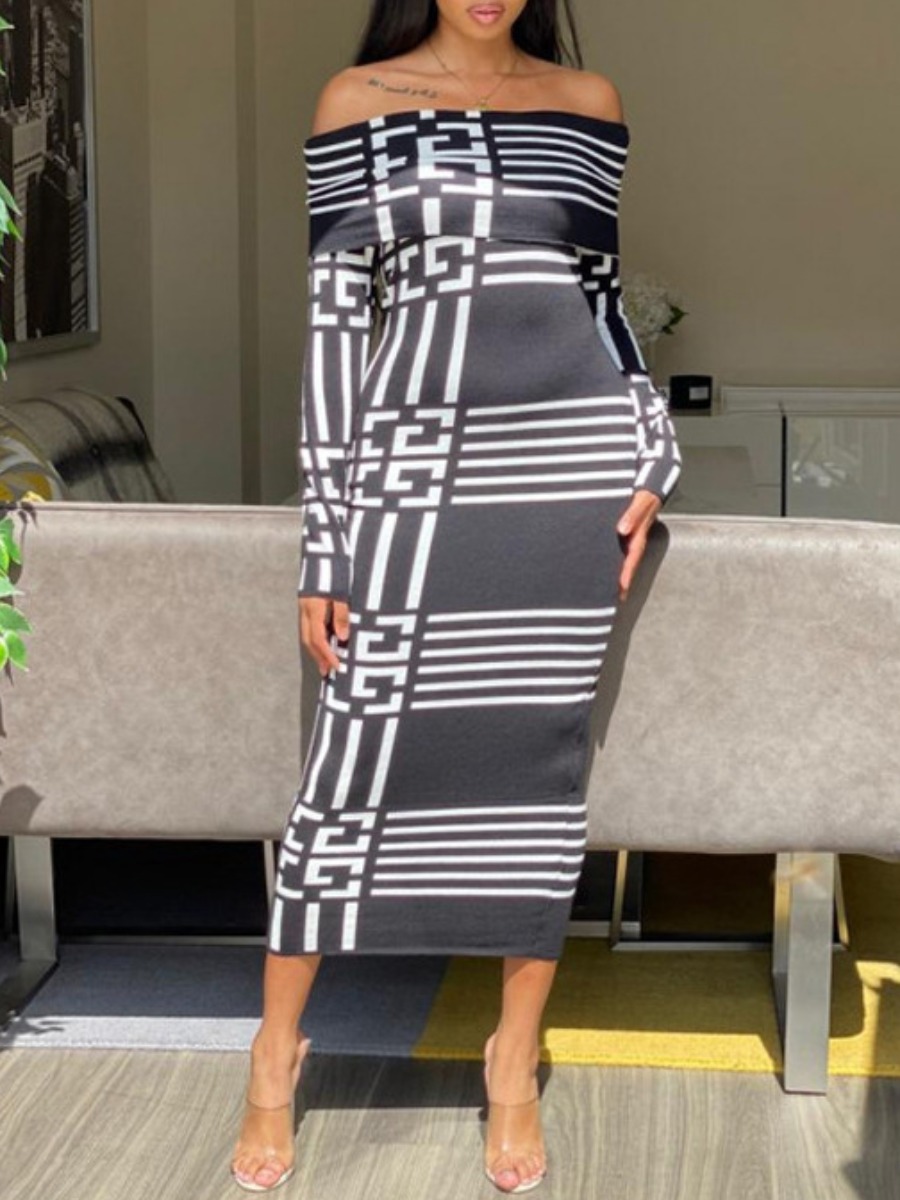 

lovely Casual Dew Shoulder Print Black Mid Calf Dress