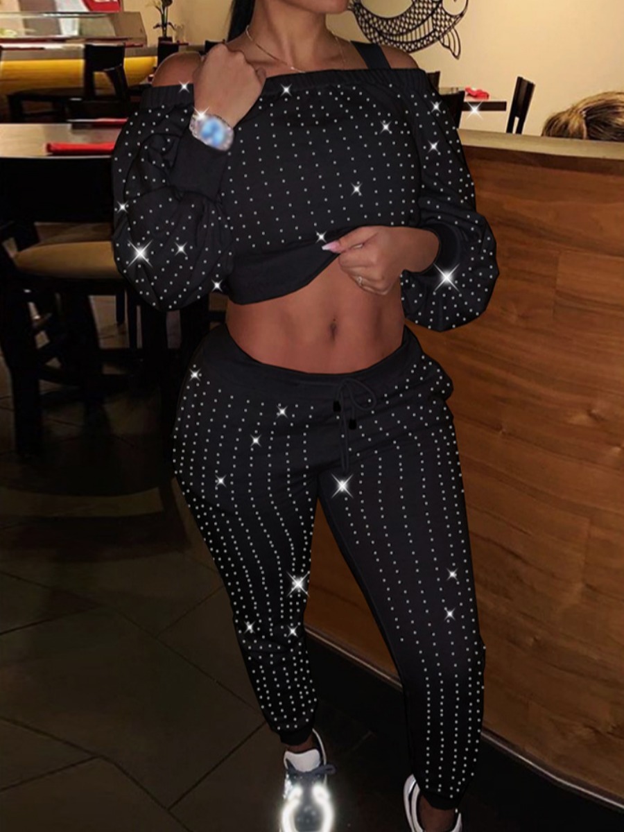 

lovely Trendy Hot Drilling Decorative Black Two Piece Pants Set